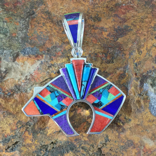 David Rosales Indian Summer Inlaid Sterling Silver Pendant Bear Reversible