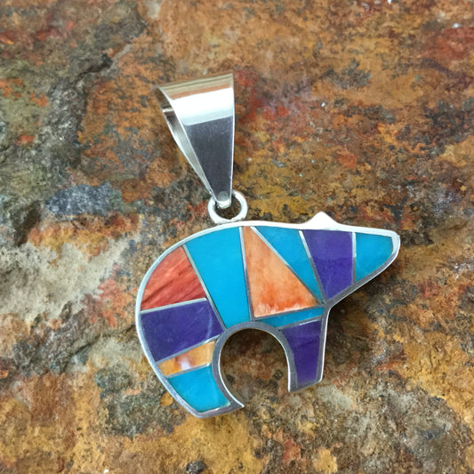 David Rosales Morenci Sunset Inlaid Sterling Silver Pendant Bear