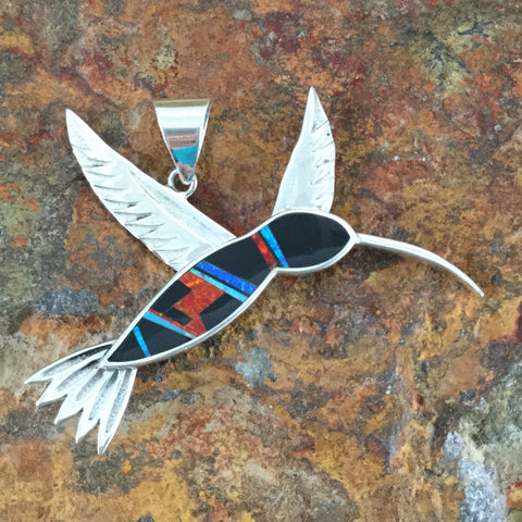 David Rosales Red Moon Inlaid Sterling Silver Pendant Hummingbird