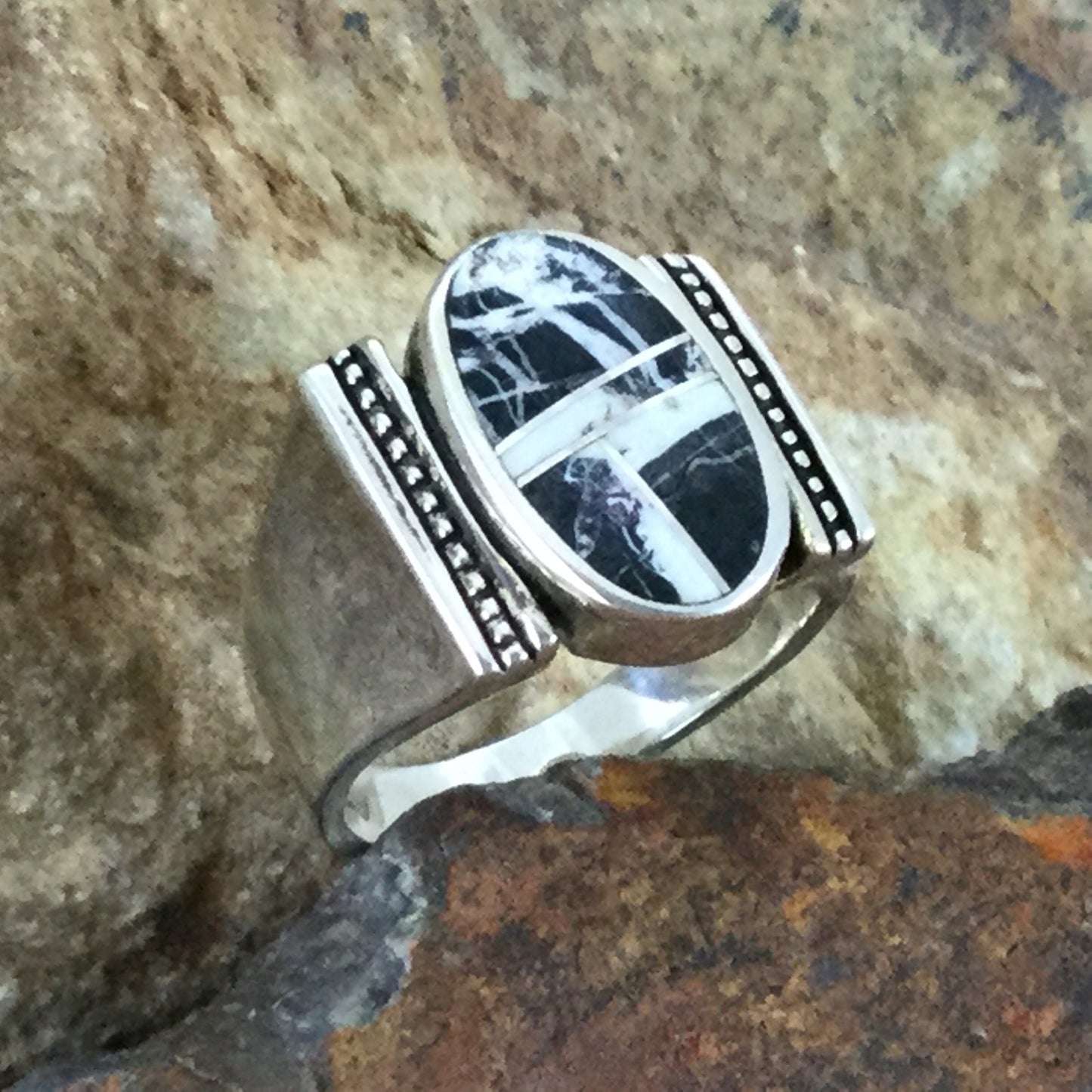 David Rosales White Buffalo Inlaid Sterling Silver Ring