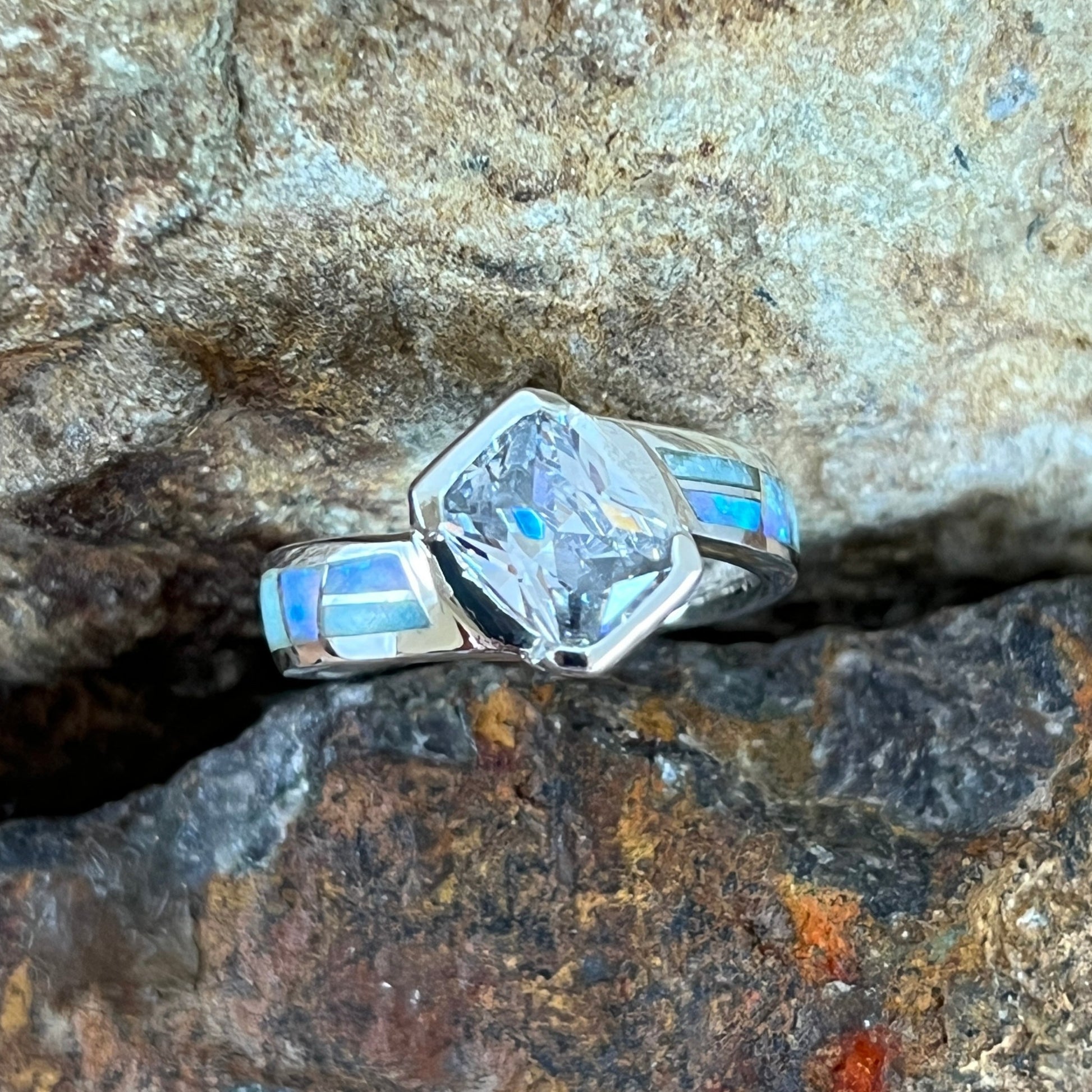 David Rosales Amazing Light Inlaid Sterling Silver Ring Cubic Zirconia