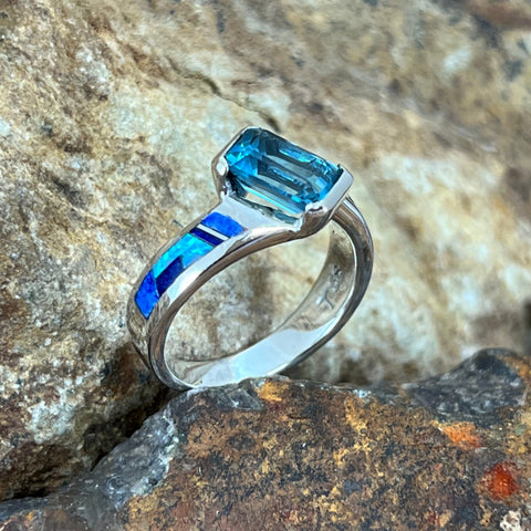 David Rosales Blue Sky Inlaid Sterling Silver Ring w/ Blue Topaz