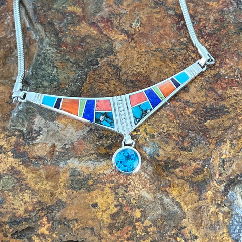 David Rosales Indian Summer Inlaid Sterling Silver Necklace w/ Blue Topaz