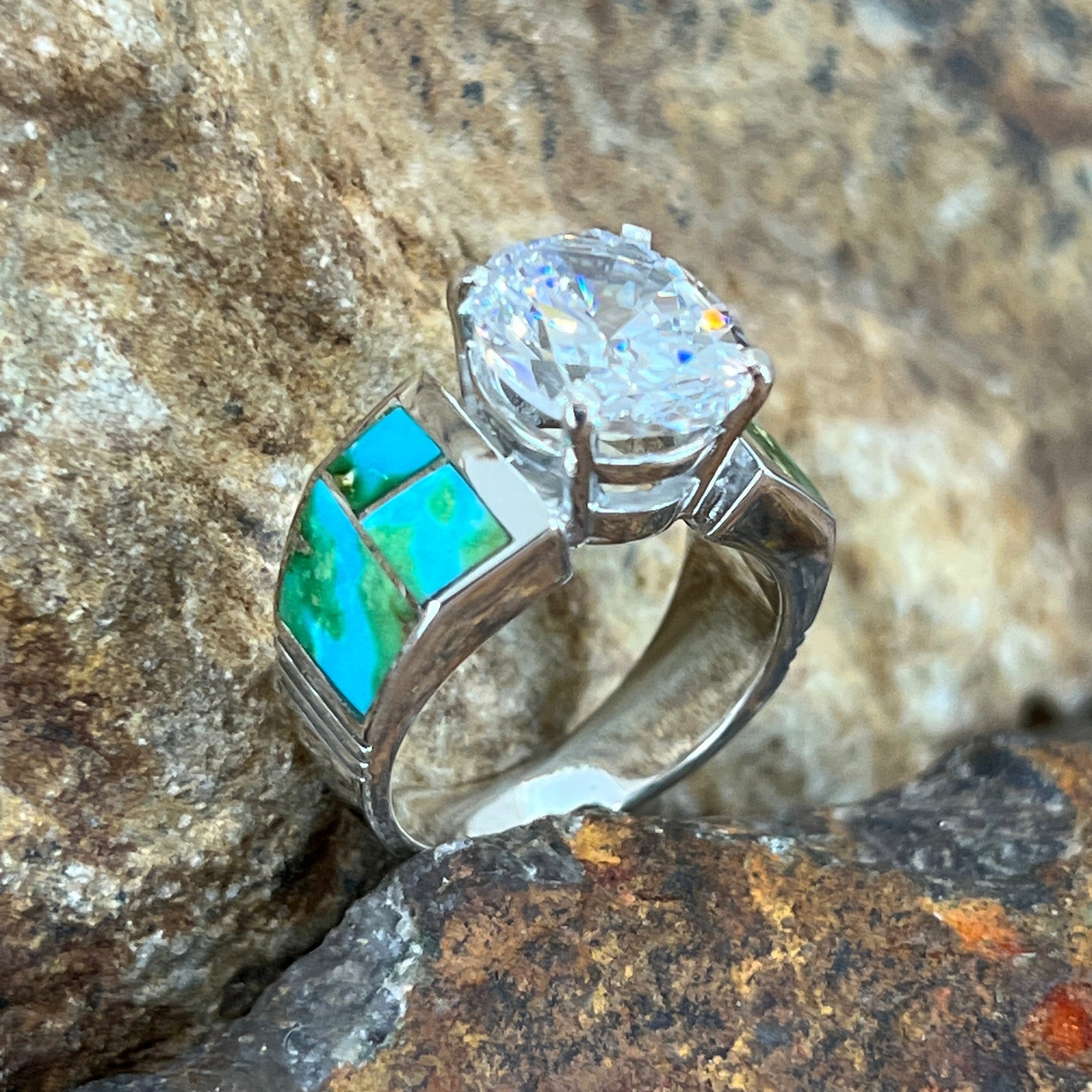 David Rosales Sonoran Gold Inlaid Sterling Silver Ring w/ Cubic Zirconia