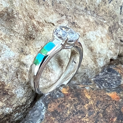 David Rosales Sonoran Gold Turquoise Inlaid Sterling Silver Ring w/ CZ