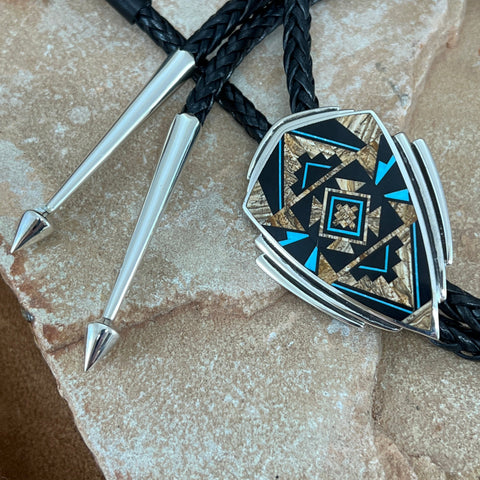 David Rosales Turquoise Creek Fancy Inlaid Sterling Silver Bolo Tie
