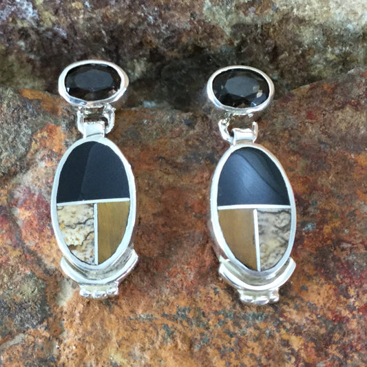 David Rosales Native Earth Inlaid Sterling Silver Earrings w/ Smokey Topaz
