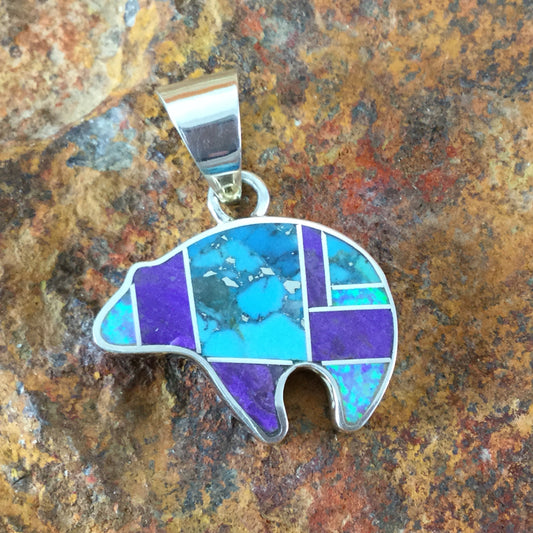 David Rosales Shalako Inlaid Sterling Silver Pendant Bear