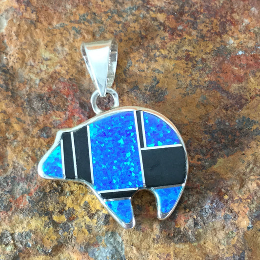 David Rosales Black Beauty Inlaid Sterling Silver Pendant Bear