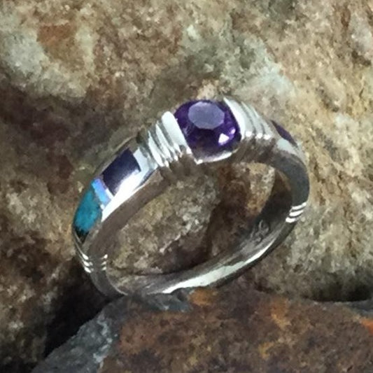 David Rosales Shalako Inlaid Sterling Silver Ring w/ Amethyst