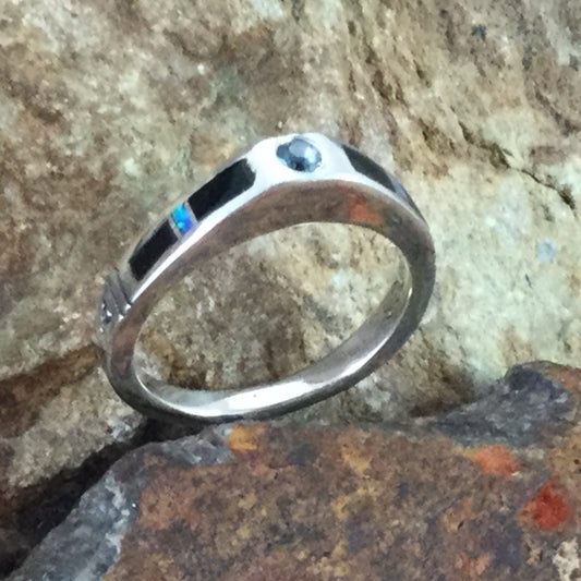 David Rosales Black Beauty Inlaid Sterling Silver Ring w/ Blue Topaz