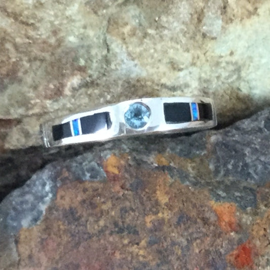 David Rosales Black Beauty Inlaid Sterling Silver Ring w/ Blue Topaz