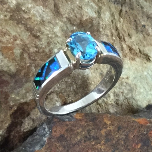 David Rosales Black Beauty Inlaid Sterling Silver Ring w/ Blue Topaz