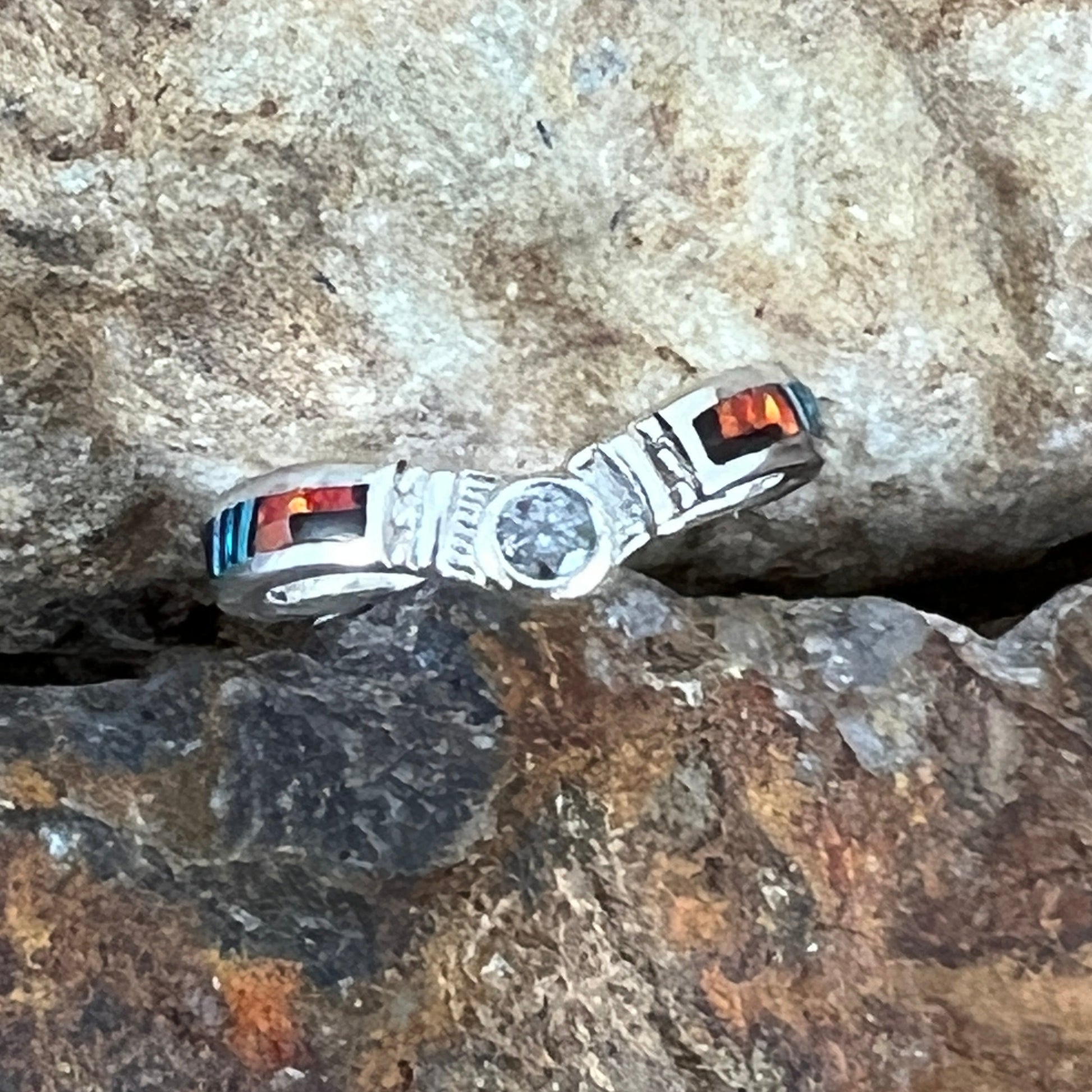 David Rosales Red Moon Inlaid Sterling Silver Ring w/ Cubic Zirconia