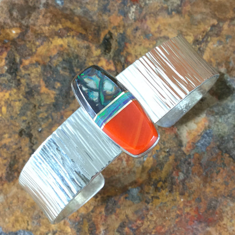 Rosarita, Turquoise, Chalcedony Inlaid Sterling Silver Bracelet by Duane Maktima