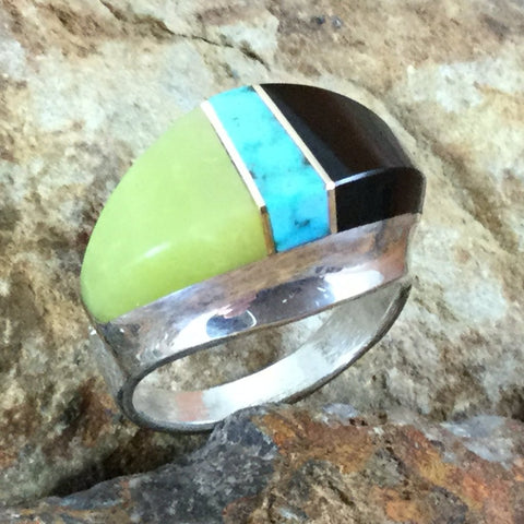 Black Jade, Turquoise & Lemon Quartz Inlaid Sterling Silver Ring by Duane Maktima