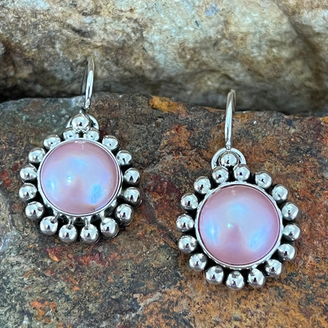 Traditional Sterling Silver Earrings With Pink Pearl by Artie Yellowhorse