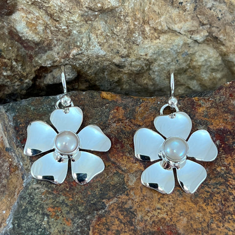 Pearl & Sterling Silver Earrings Dogwood by Artie Yellowhorse