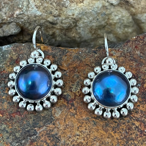 Traditional Sterling Silver Earrings With Mabi Pearl by Artie Yellowhorse