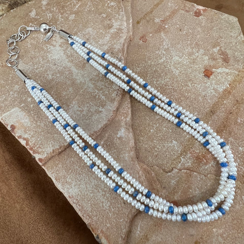 17" - 19" Three Strand Beaded Necklace w/ Pearls & Lapis by Artie Yellowhorse