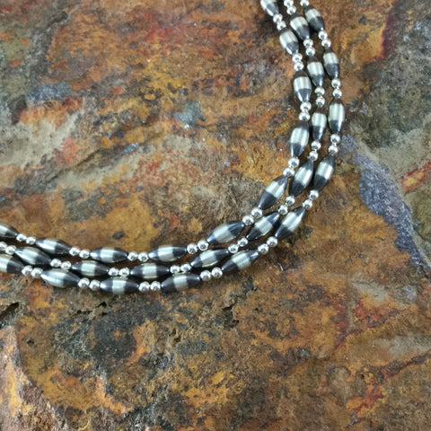18" Three Strand Oxidized Sterling Silver Beaded Necklace
