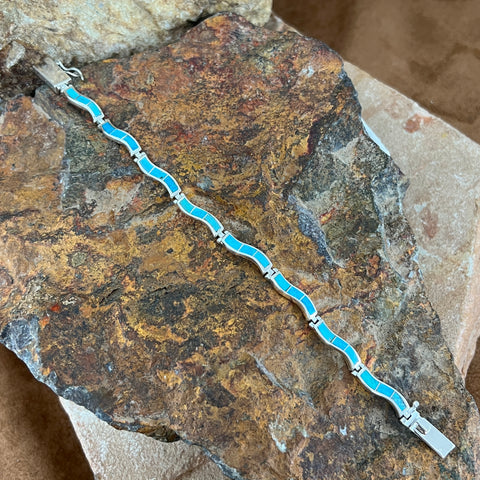 David Rosales Arizona Blue Inlaid Sterling Silver Wavy Link Bracelet
