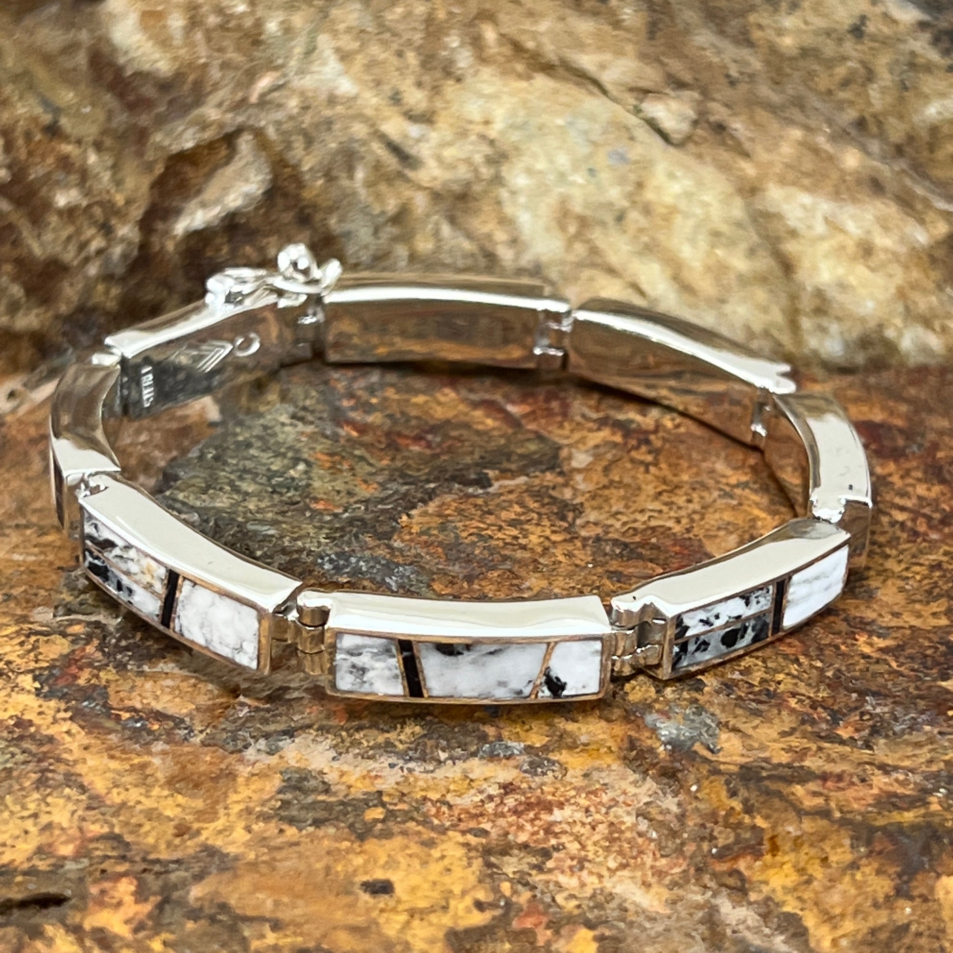 David Rosales White Buffalo Inlaid Sterling Silver Big Link Bracelet