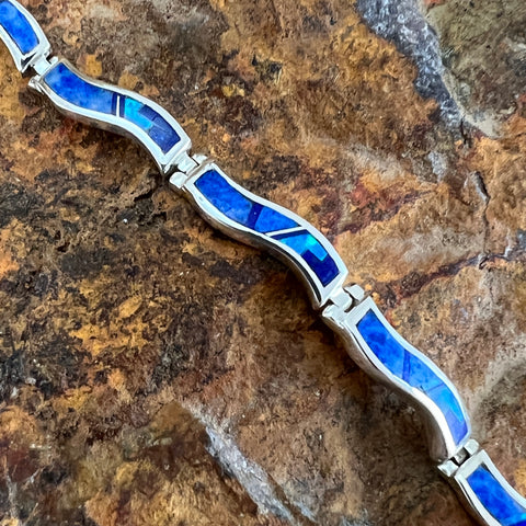 David Rosales Blue Sky Inlaid Sterling Silver Link Bracelet Wavy