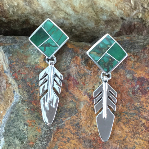 David Rosales Australian Variscite Inlaid Sterling Silver Earrings Feather