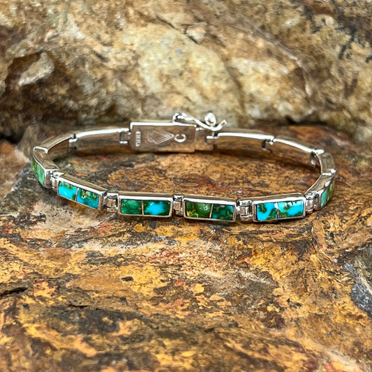 David Rosales Sonoran Gold Turquoise Inlaid Sterling Silver Link Bracelet
