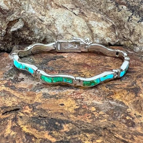 David Rosales Sonoran Gold Turquoise Inlaid Sterling Silver Wavy Link Bracelet