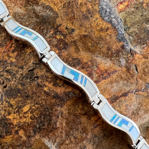David Rosales Mystic Peart Inlaid Sterling Silver Wavy Link Bracelet