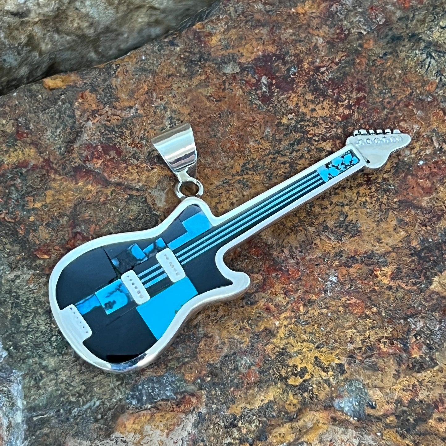 David Rosales Shadow Peak Inlaid Sterling Silver Pendant Guitar