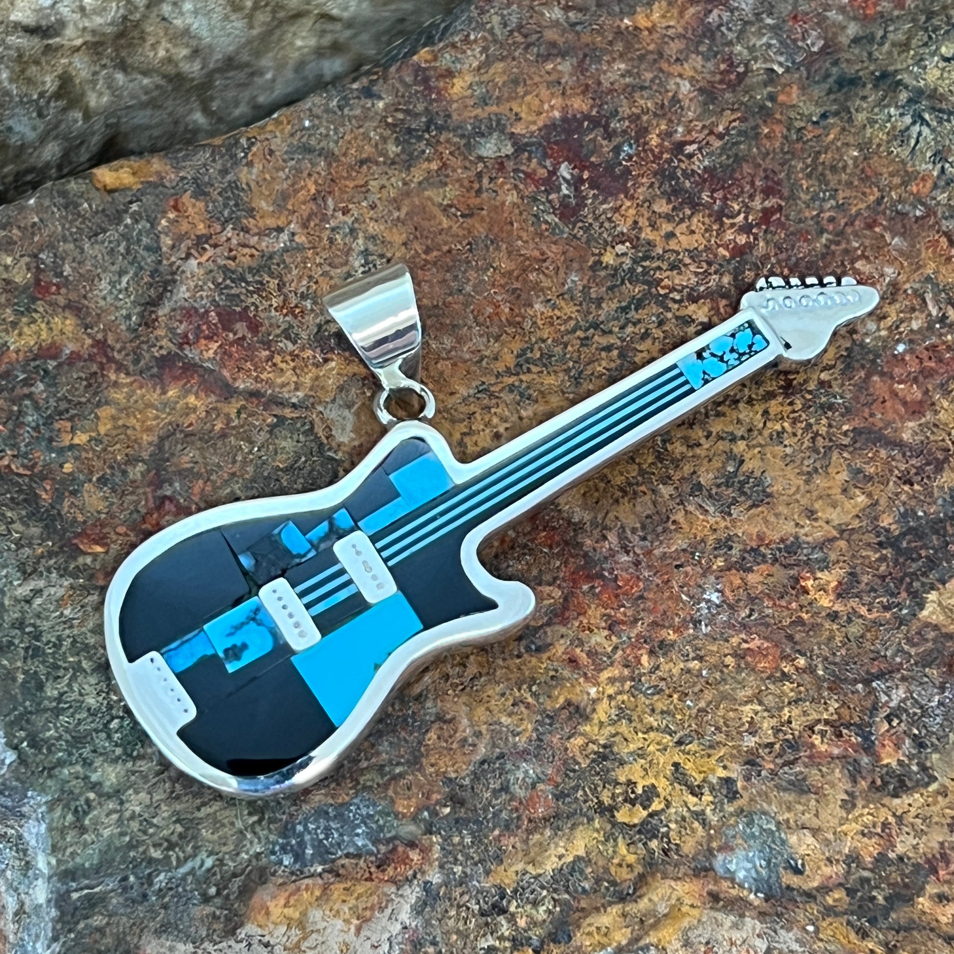 David Rosales Shadow Peak Inlaid Sterling Silver Pendant Guitar