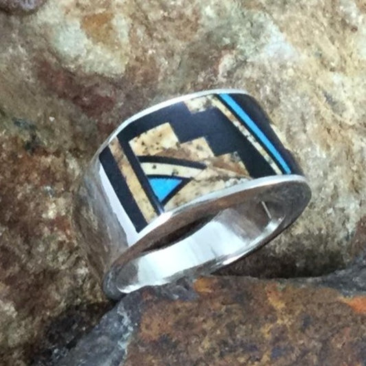 David Rosales Turquoise Creek Fancy Inlaid Sterling Silver Ring