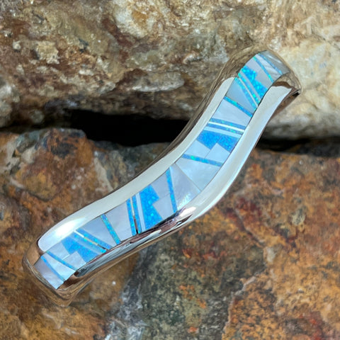 as part of the NEW Mystic Pearl collection, features Mother of Pearl and Lab Opal in a Fancy Inlay Pattern.