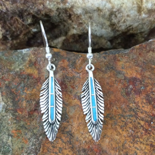 David Rosales Arizona Blue Inlaid Sterling Silver Earrings Feathers