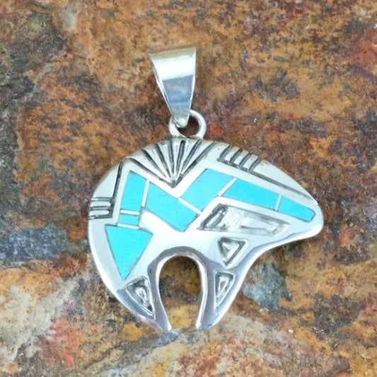 David Rosales Arizona Blue Inlaid Sterling Silver Pendant Bear