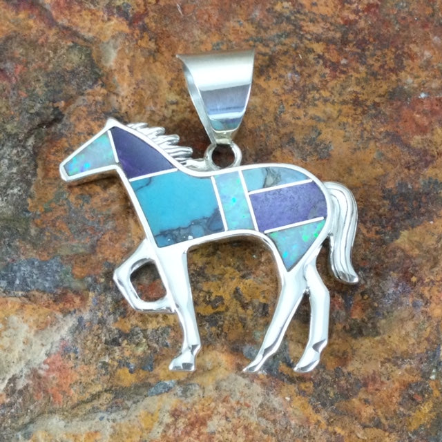 David Rosales Shalako Inlaid Sterling Silver Pendant Horse