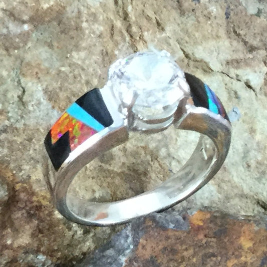 David Rosales Red Moon Inlaid Sterling Silver Ring w/ Cubic Zirconia