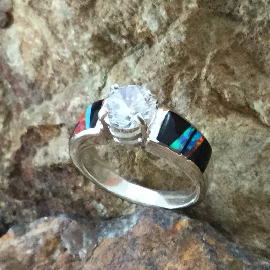 David Rosales Red Moon Inlaid Sterling Silver Ring w/ Cubic Zirconia