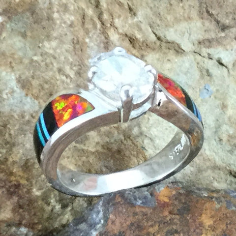 David Rosales Red Moon Inlaid Sterling Silver Ring w/ Cubic Zirconia