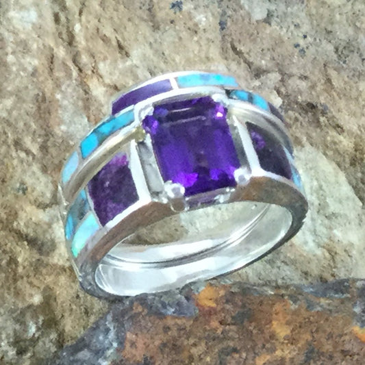 David Rosales Shalako Inlaid Sterling Silver Ring/Jacket w/ Amethyst