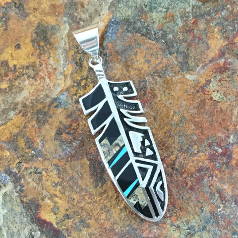 David Rosales Turquoise Creek Inlaid Sterling Silver Pendant Feather