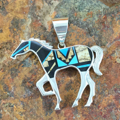 David Rosales Turquoise Creek Fancy Inlaid Sterling Silver Pendant Horse