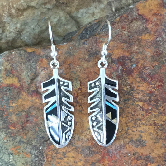 David Rosales Turquoise Creek Inlaid Sterling Silver Earrings Feather