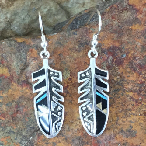David Rosales Turquoise Creek Inlaid Sterling Silver Earrings Feather