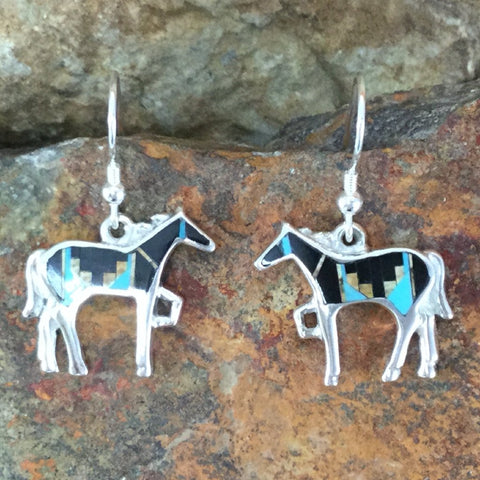 David Rosales Turquoise Creek Fancy Inlaid Sterling Silver Earrings Horse