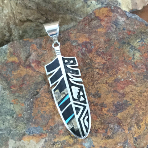 David Rosales Turquoise Creek Inlaid Sterling Silver Pendant Feather