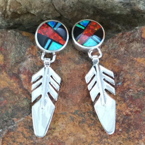 David Rosales Red Moon Inlaid Sterling Silver Earrings Feathers